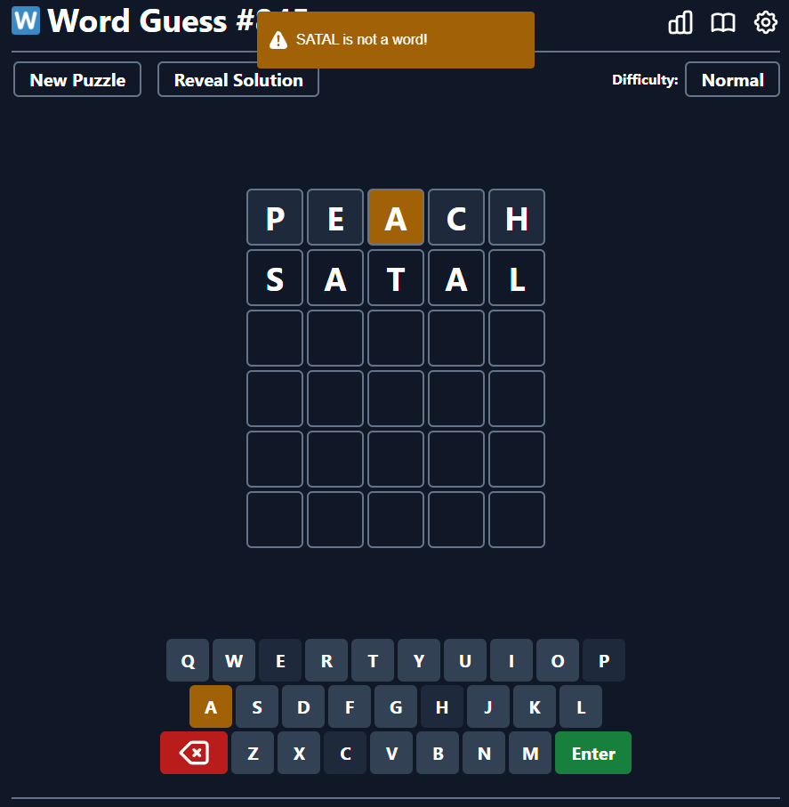 Word Guess validation message example